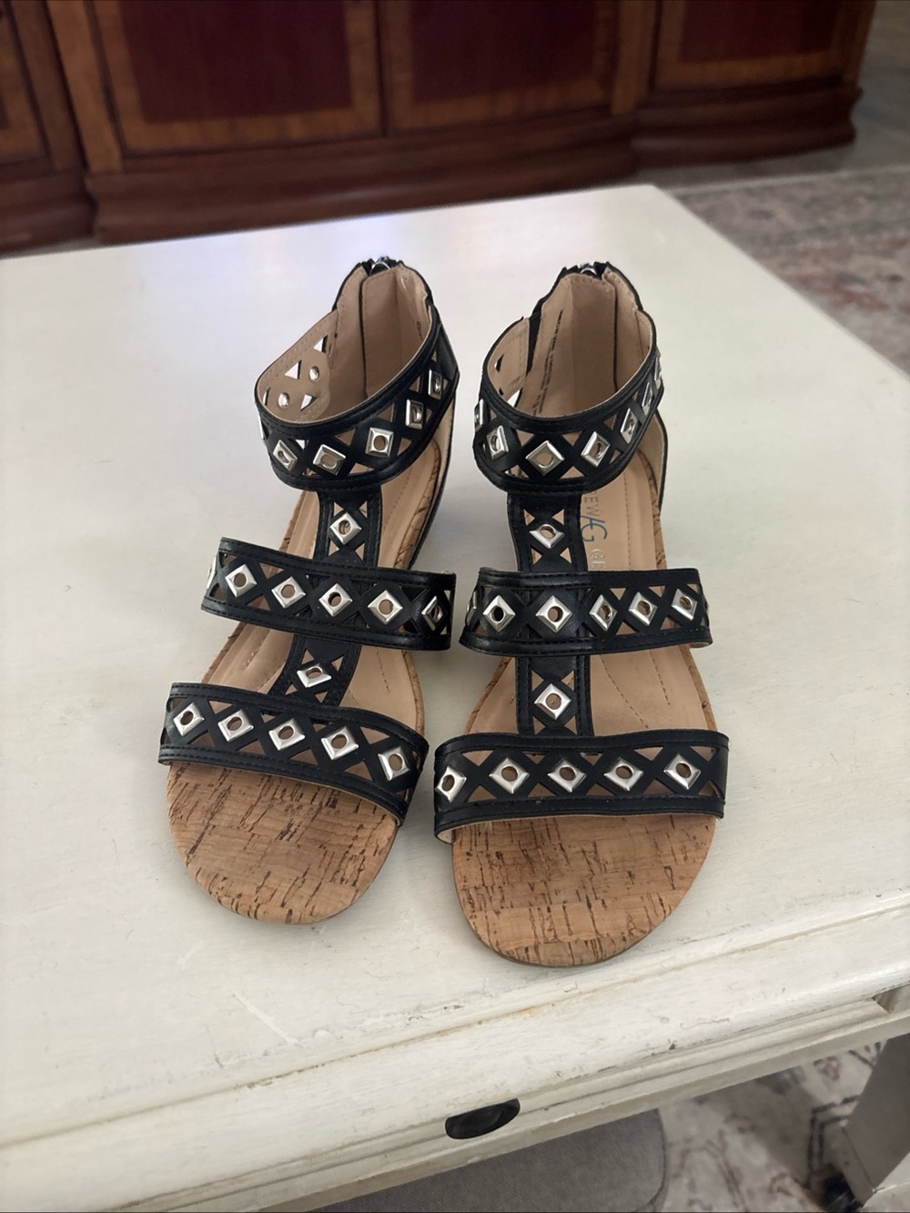 Black Studded T-Strap Cork Sandals Andrew Gellar Size 6